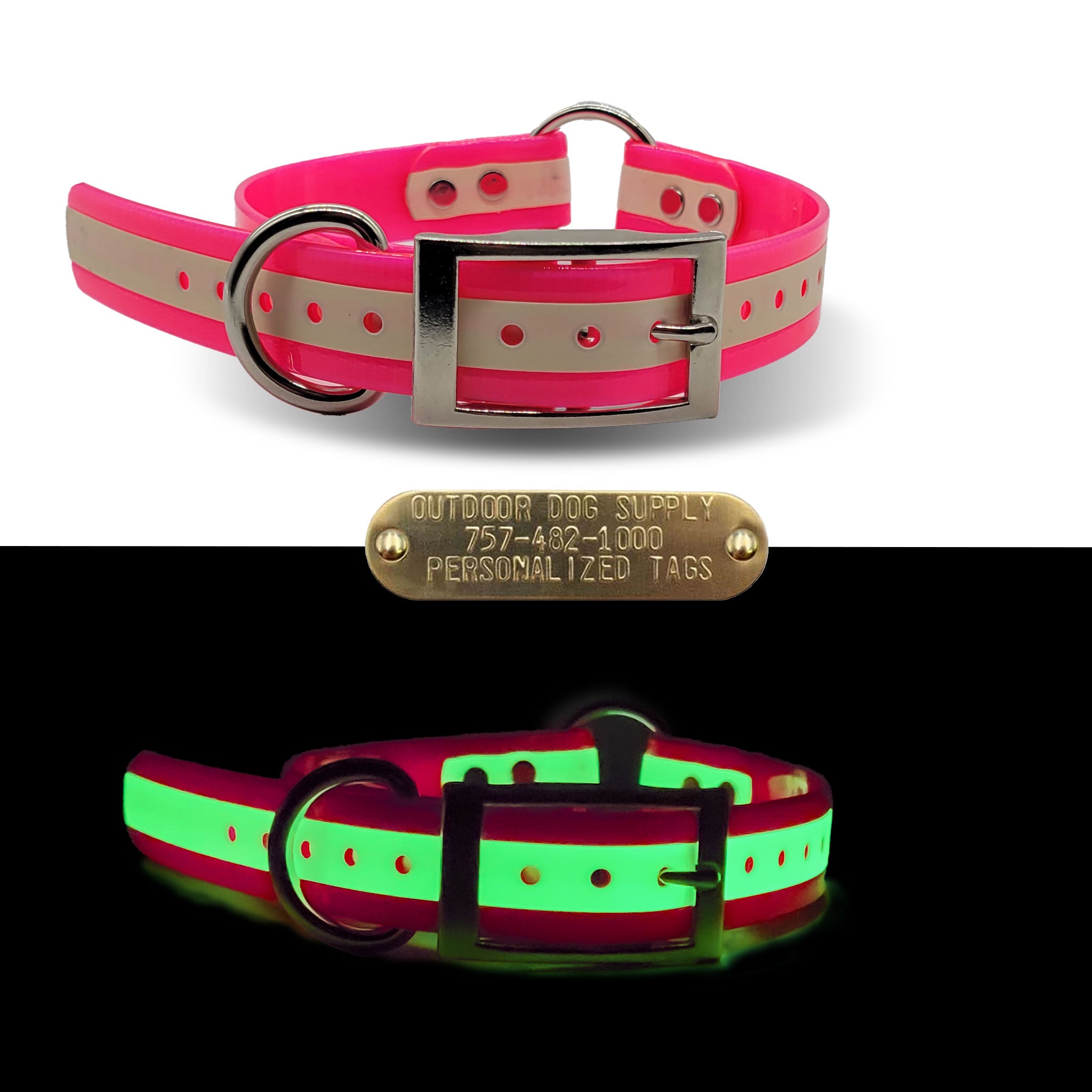 1" Glow In The Dark Premium Glow Tuff Center Ring Collar with Brass Name Plate- Limited Edition