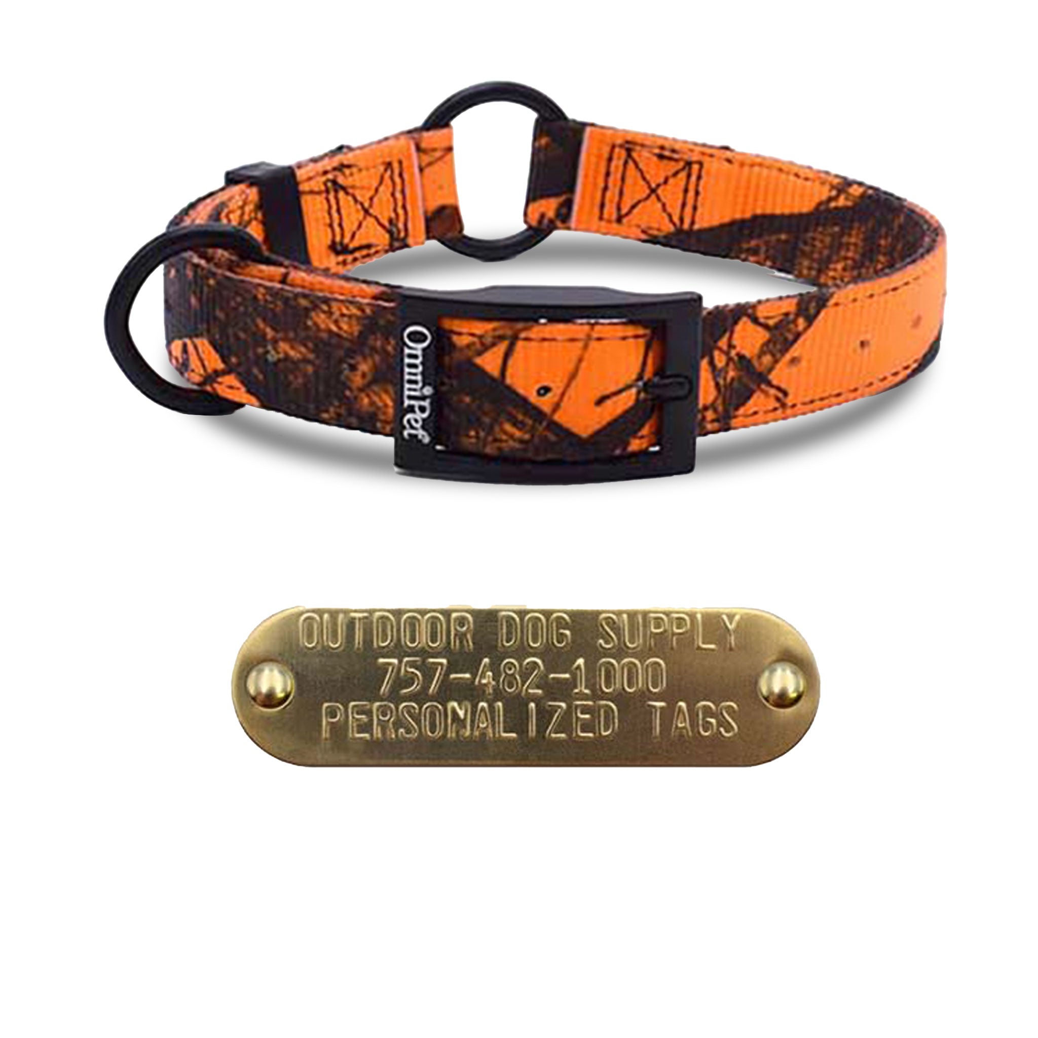 1" Hunting Camo Nylon Center Ring Dog Collar with Brass Name Plate