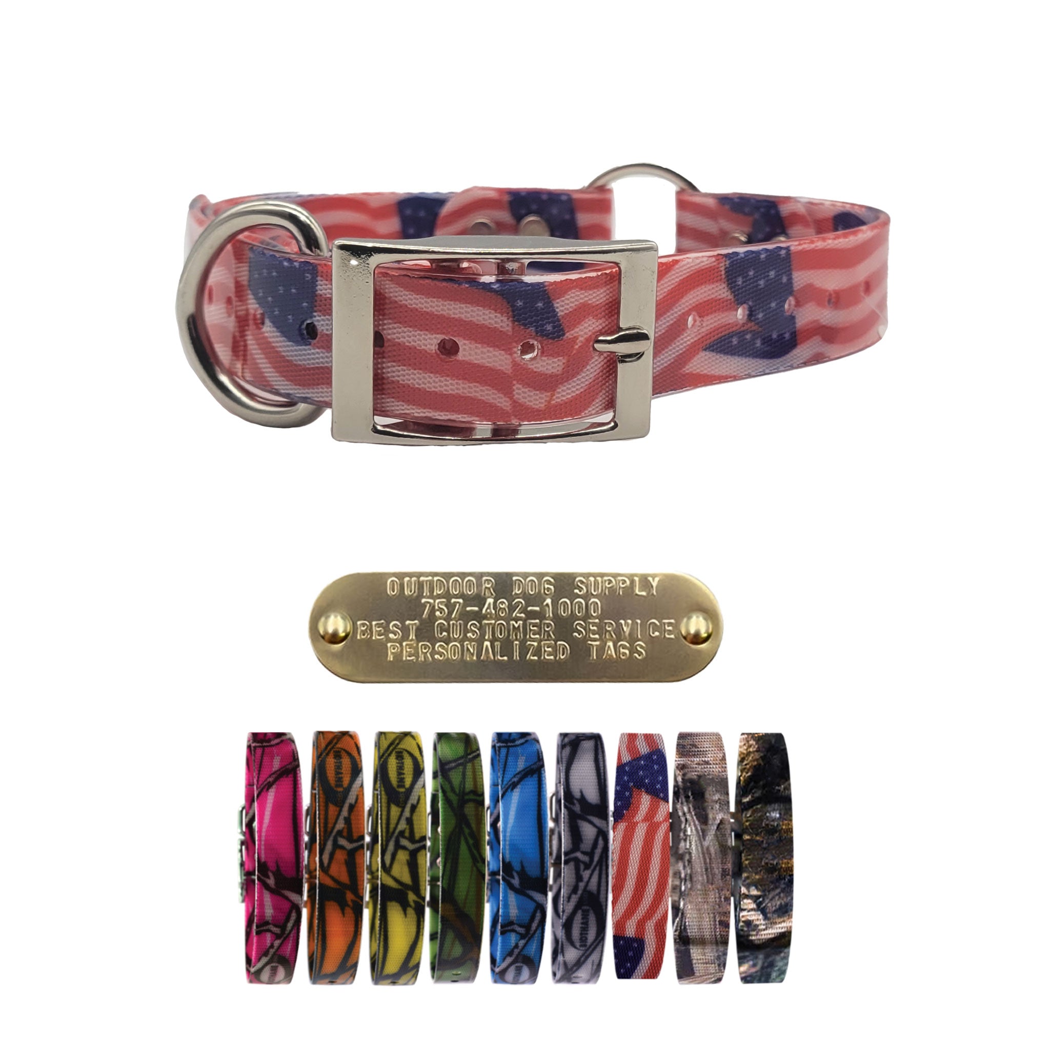 1" Pattern Premium Glow Tuff Center Ring Dog Collar with Brass Name Plate