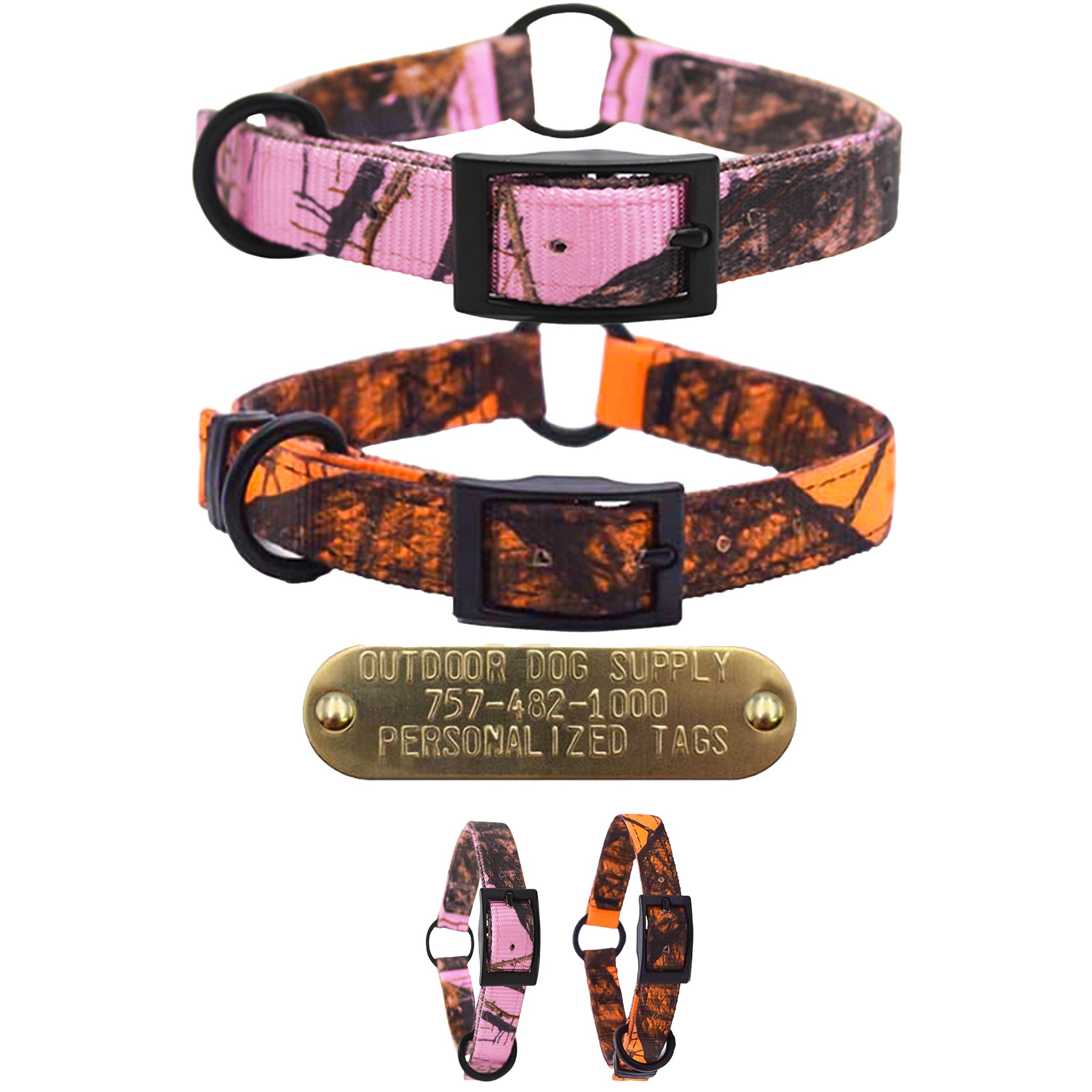 3/4" Hunting Camo Nylon Center Ring Dog Collar with Brass Name Plate