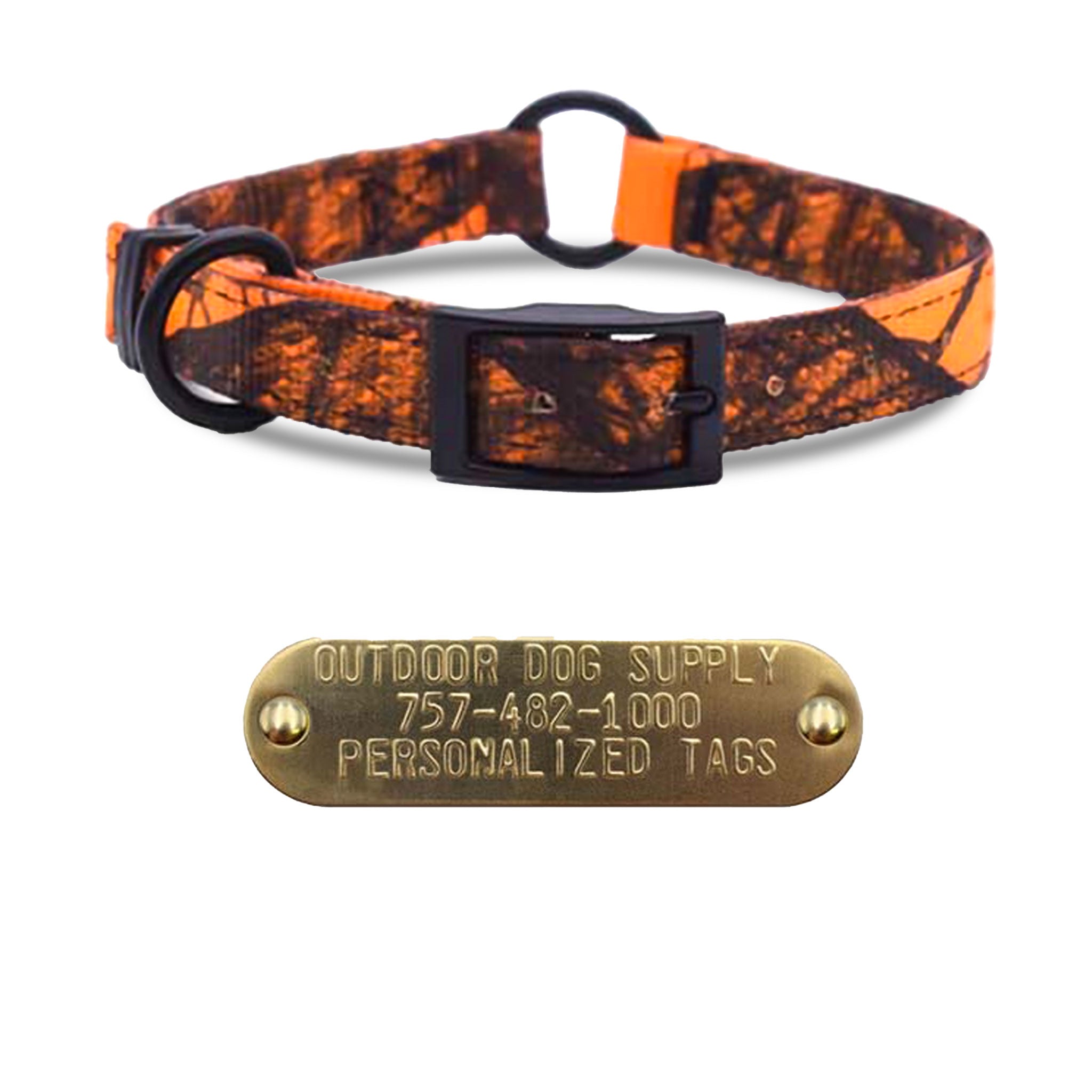 3/4" Hunting Camo Nylon Center Ring Dog Collar with Brass Name Plate