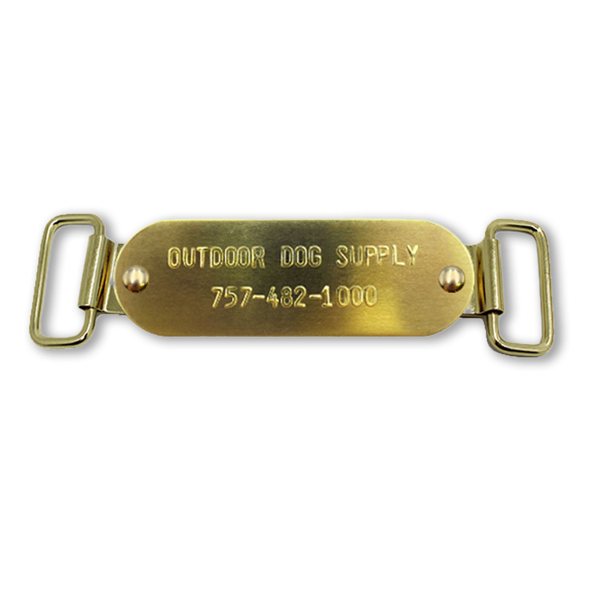 Custom 1" x 3" Raised Lettering Brass Dog Collar Name Tags with Tag Slides <h1 style="color:#ea6500;"> Backorder </h1>