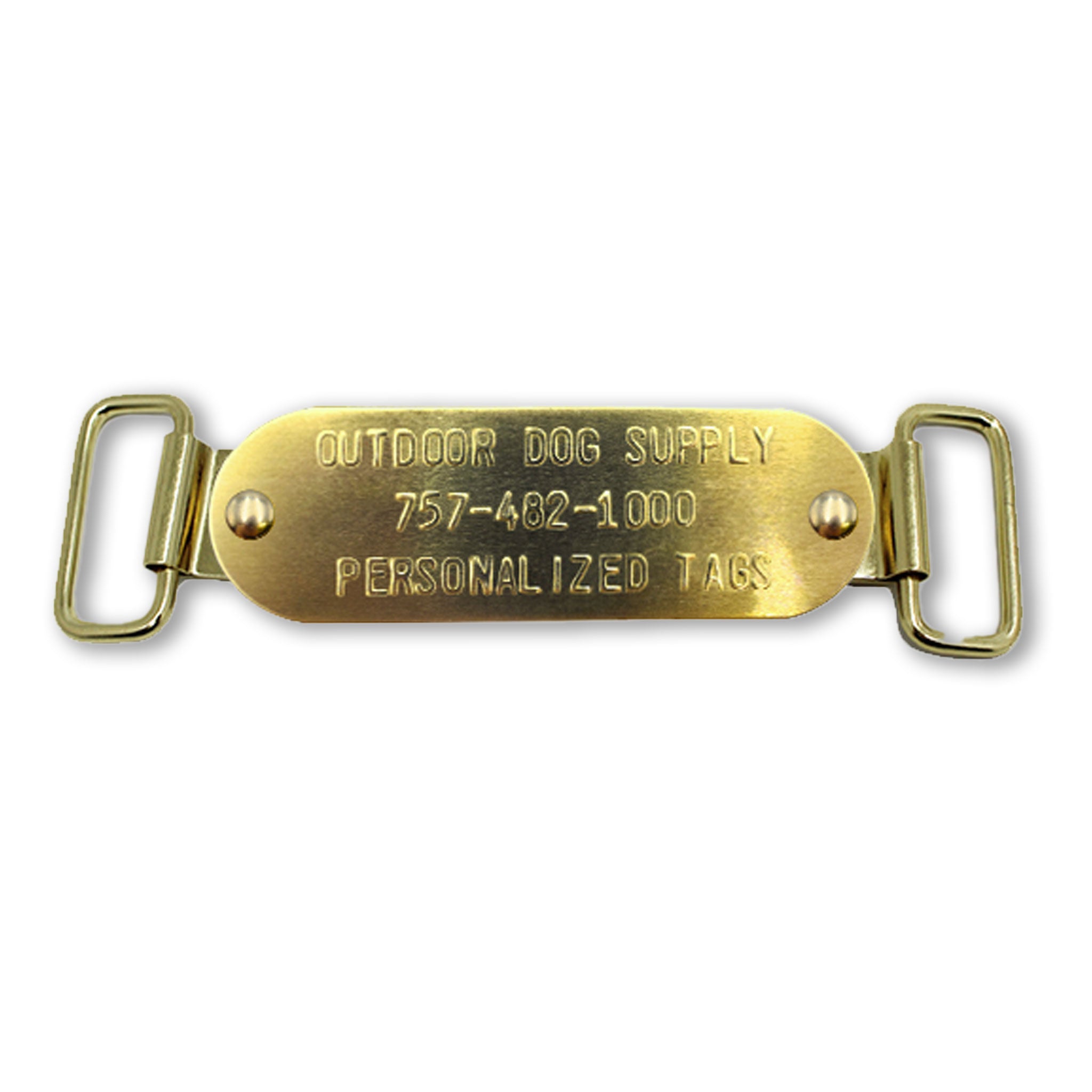 Custom 1" x 3" Raised Lettering Brass Dog Collar Name Tags with Tag Slides <h1 style="color:#ea6500;"> Backorder </h1>