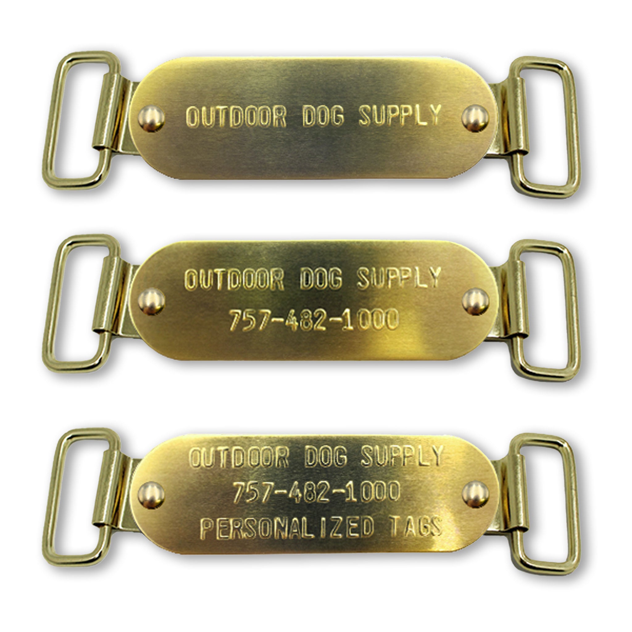 Custom 1" x 3" Raised Lettering Brass Dog Collar Name Tags with Tag Slides <h1 style="color:#ea6500;"> Backorder </h1>