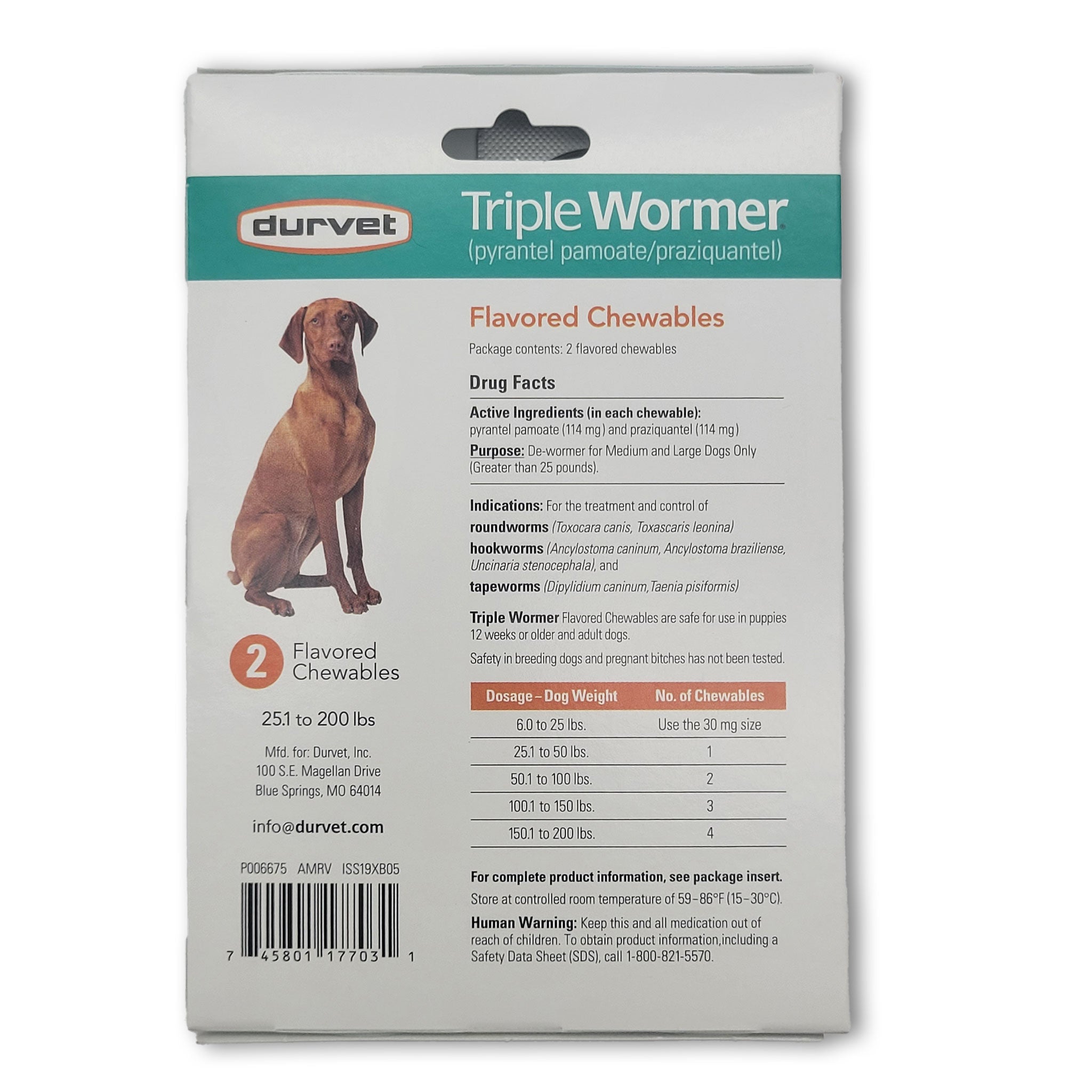 Durvet Triple Wormer for Medium and Large Dogs 25.1 LBS to 200 LBS