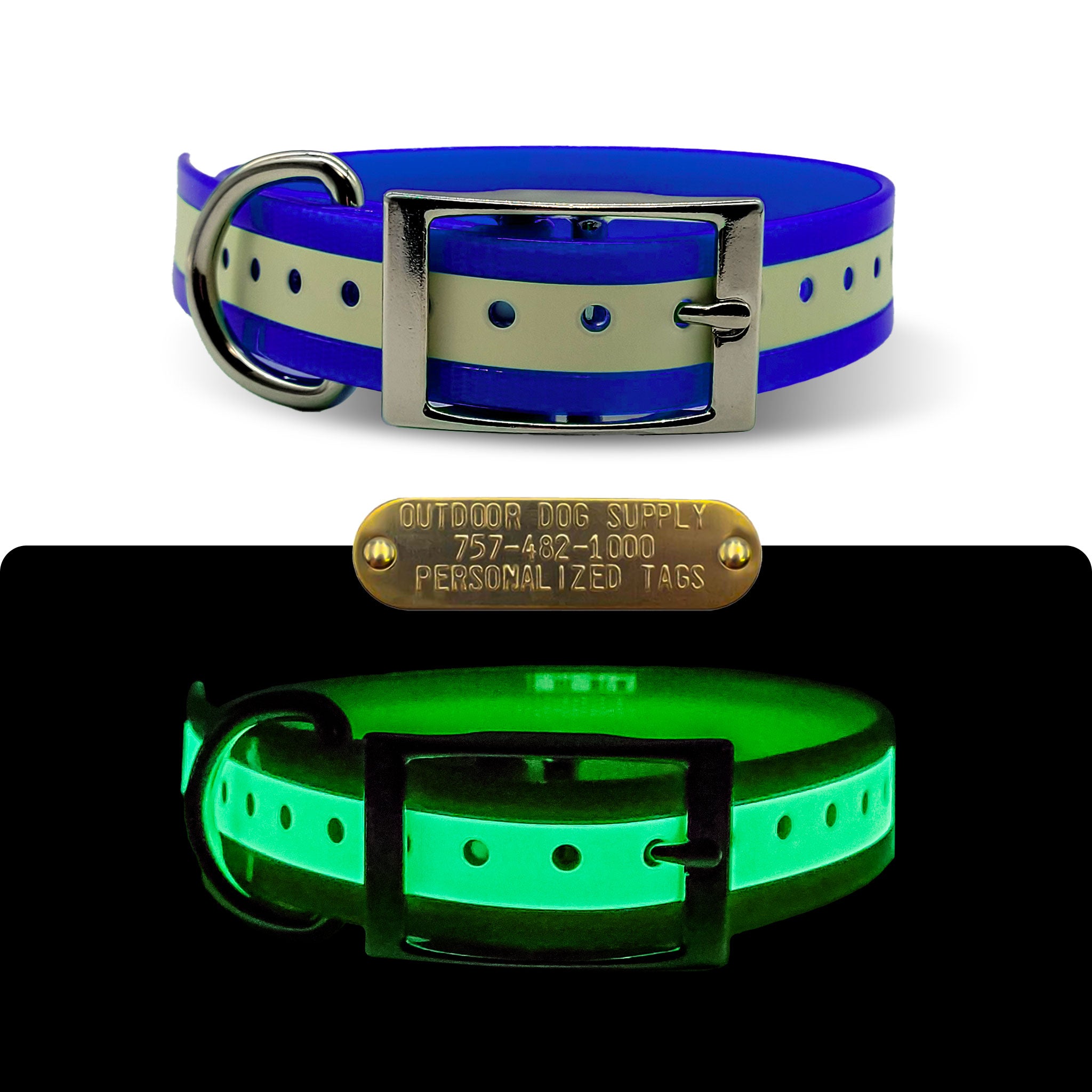 1" Glow In The Dark Premium Glow Tuff D Ring Collar with Brass Name Plate- Limited Addition