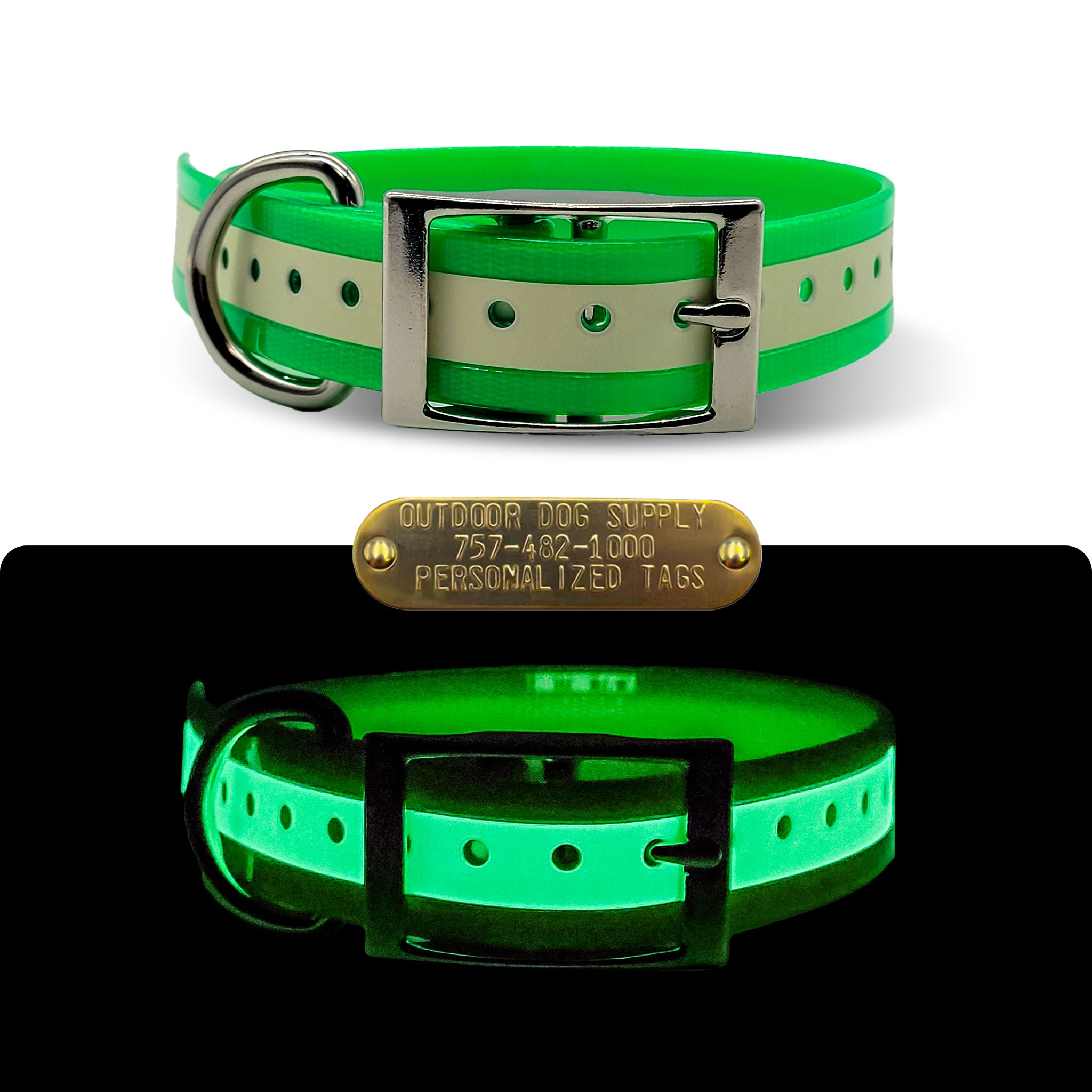 1" Glow In The Dark Premium Glow Tuff D Ring Collar with Brass Name Plate- Limited Addition