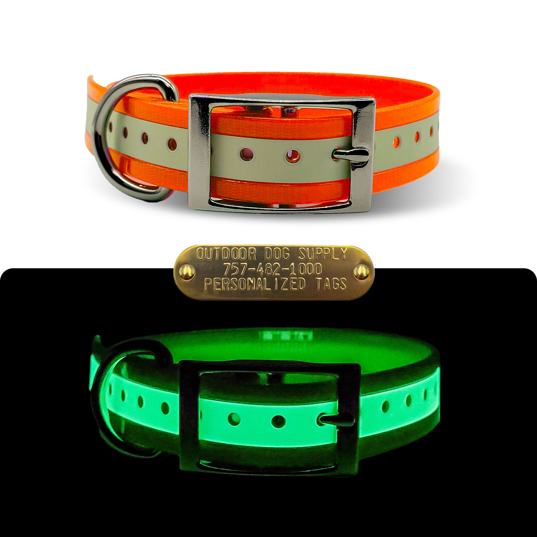 1" Glow In The Dark Premium Glow Tuff D Ring Collar with Brass Name Plate- Limited Addition