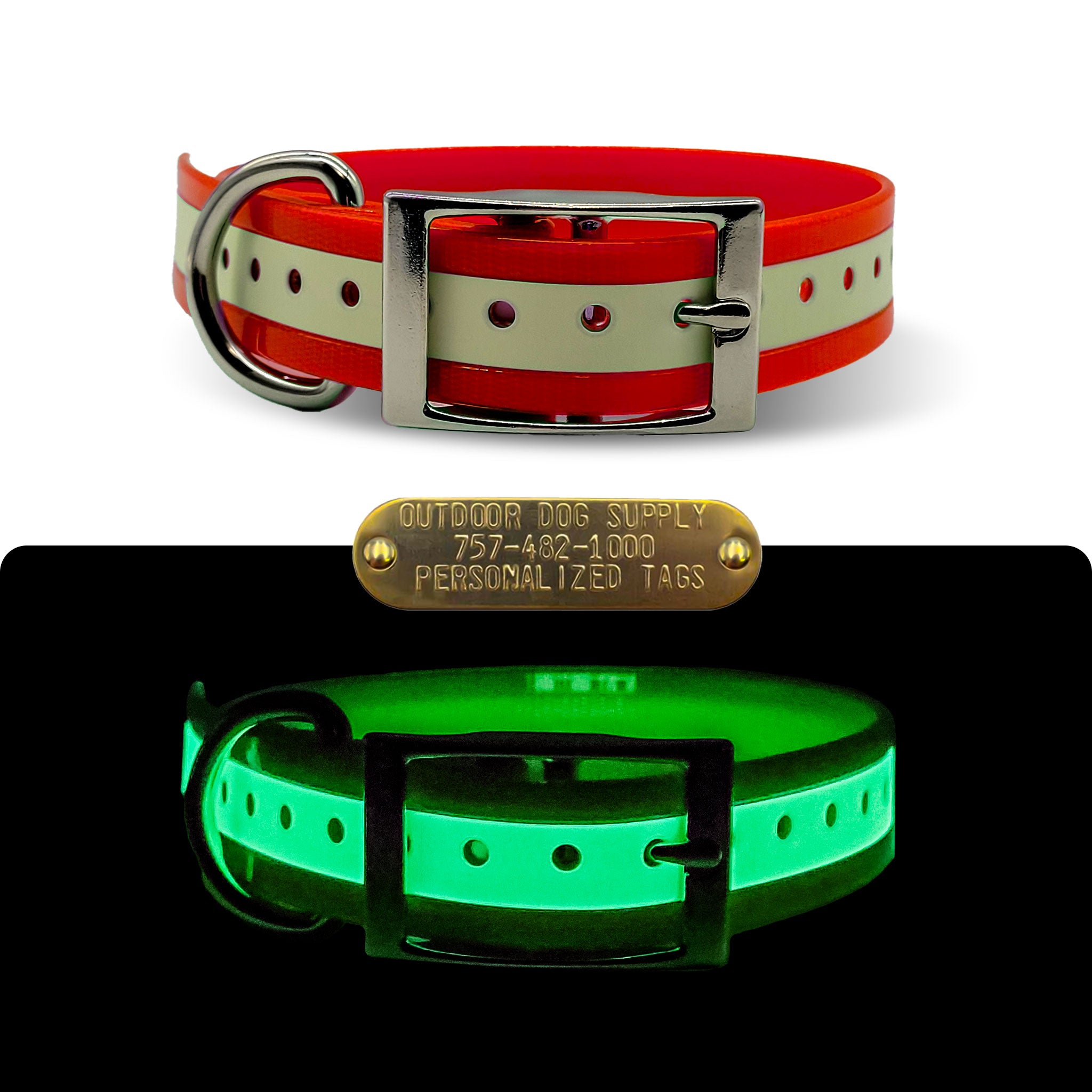 1" Glow In The Dark Premium Glow Tuff D Ring Collar with Brass Name Plate- Limited Addition